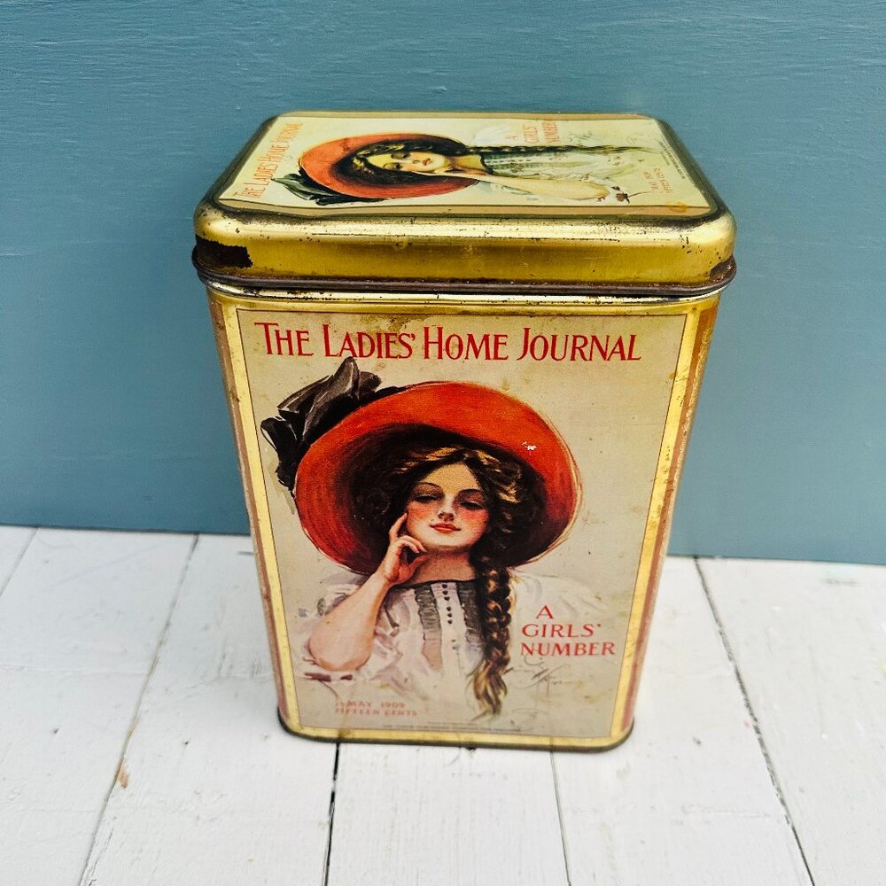 Vintage Ladies Home Journal Tin A Girl's Summer 1909 Cover Large Storage Tin